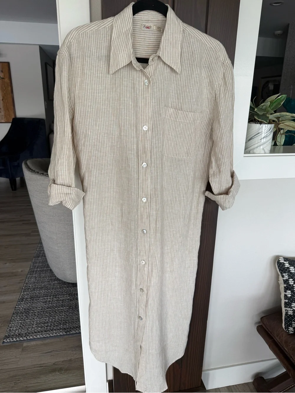 Faherty Laguna Linen Stripe Maxi Shirt Dress in Golden Sun Stripe, size small - Picture 3 of 7
